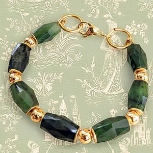 Genuine Green Jade In Gold Beaded Bracelet